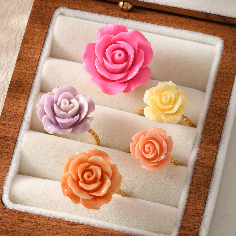 New Pink Embossed Flower Shell Pink Synthetic Rose Ring